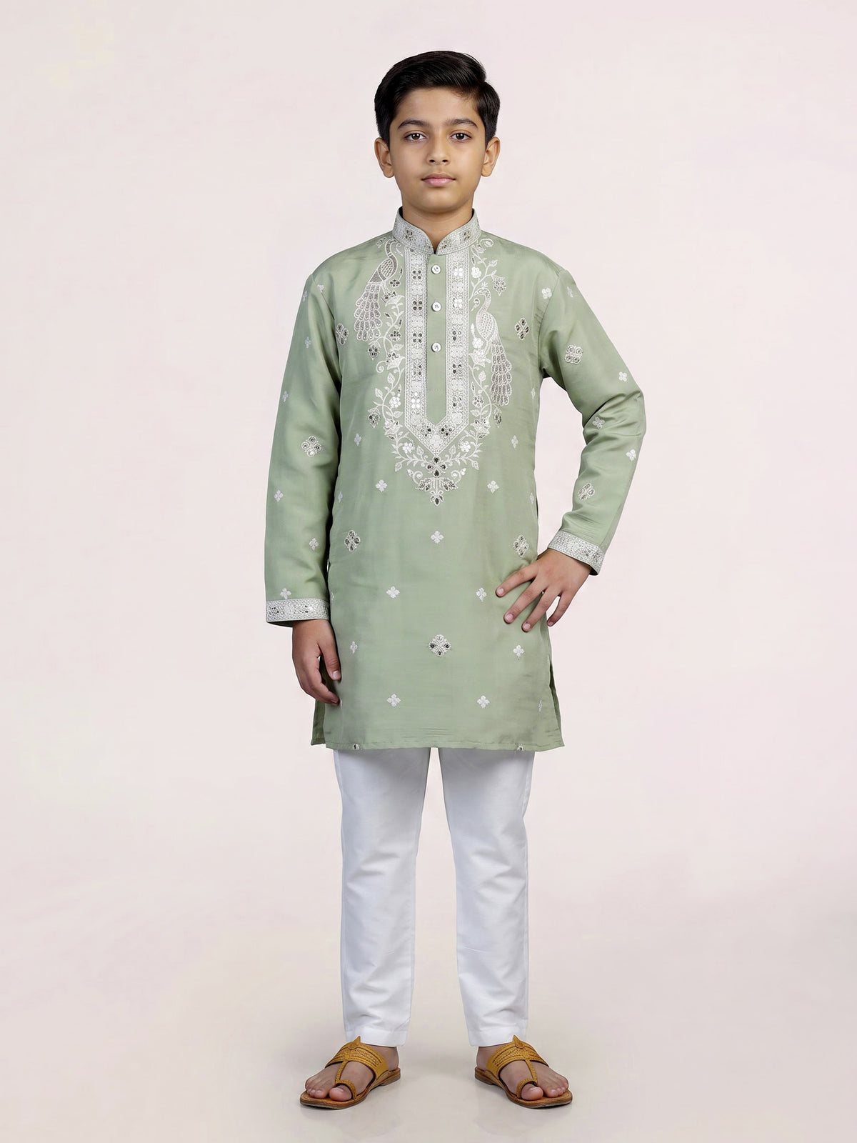 Pista green peacock embroidered boys kurta suit