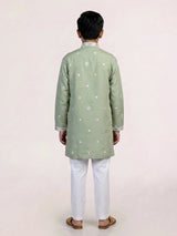 Pista green peacock embroidered boys kurta suit