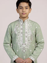 Pista green peacock embroidered boys kurta suit
