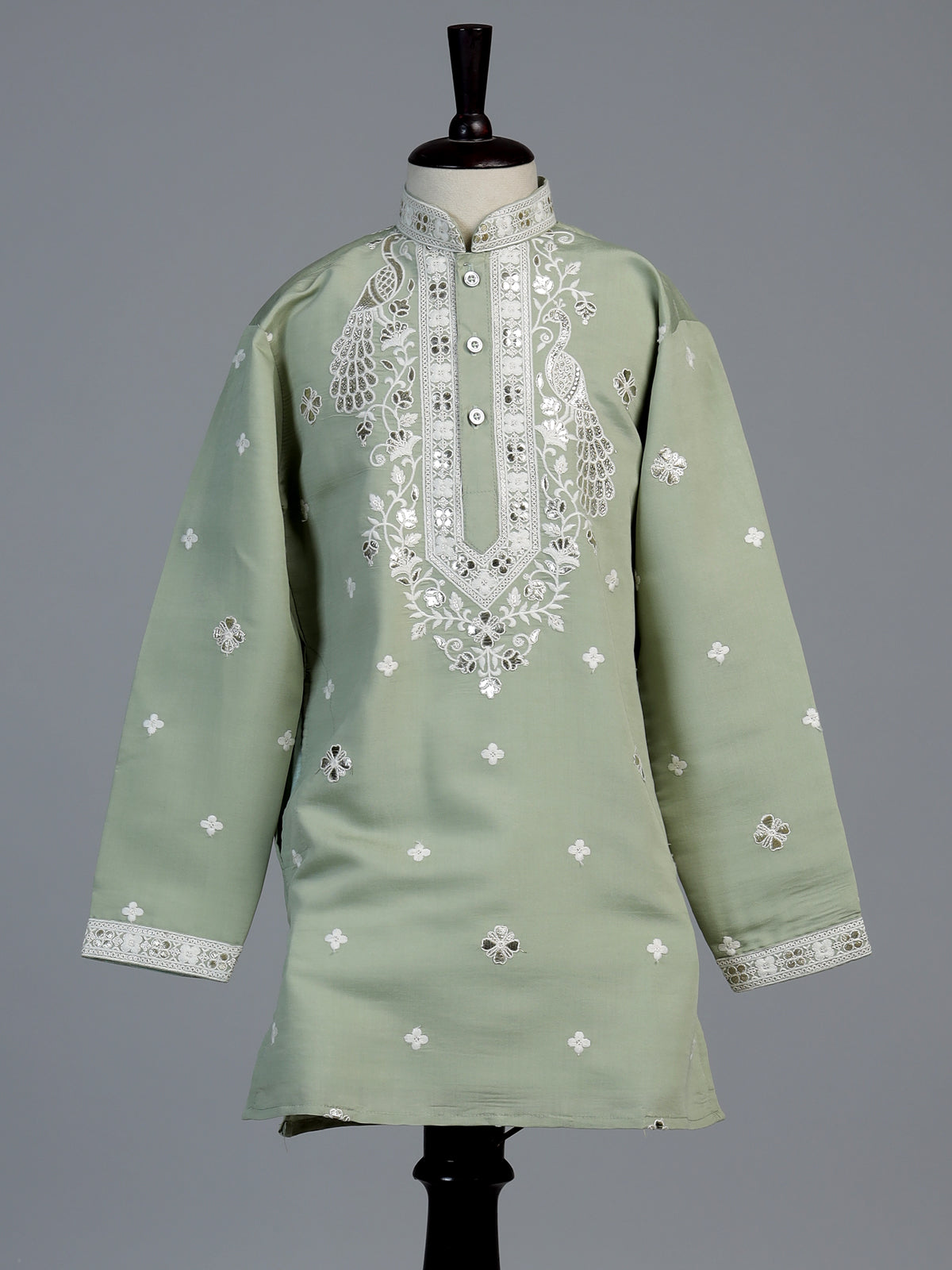 Pista green peacock embroidered boys kurta suit