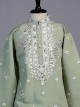 Pista green peacock embroidered boys kurta suit
