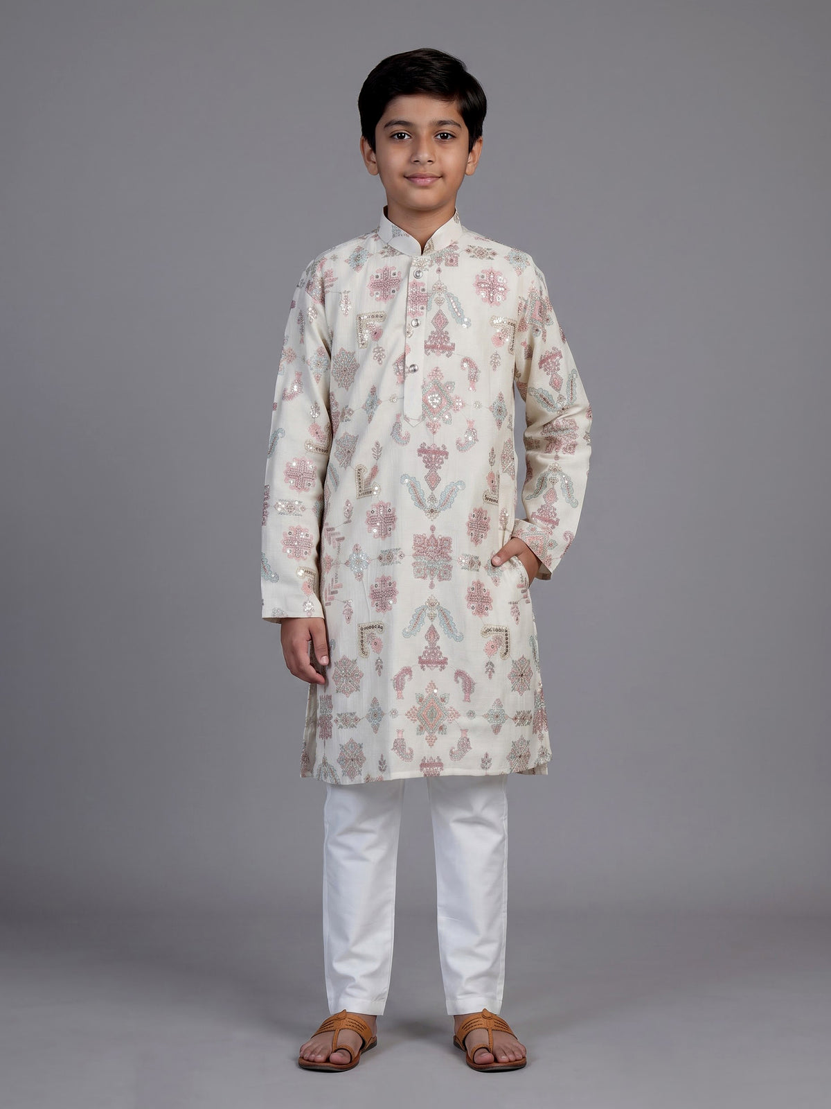 Cream mughal print boys kurta suit