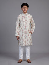 Cream mughal print boys kurta suit