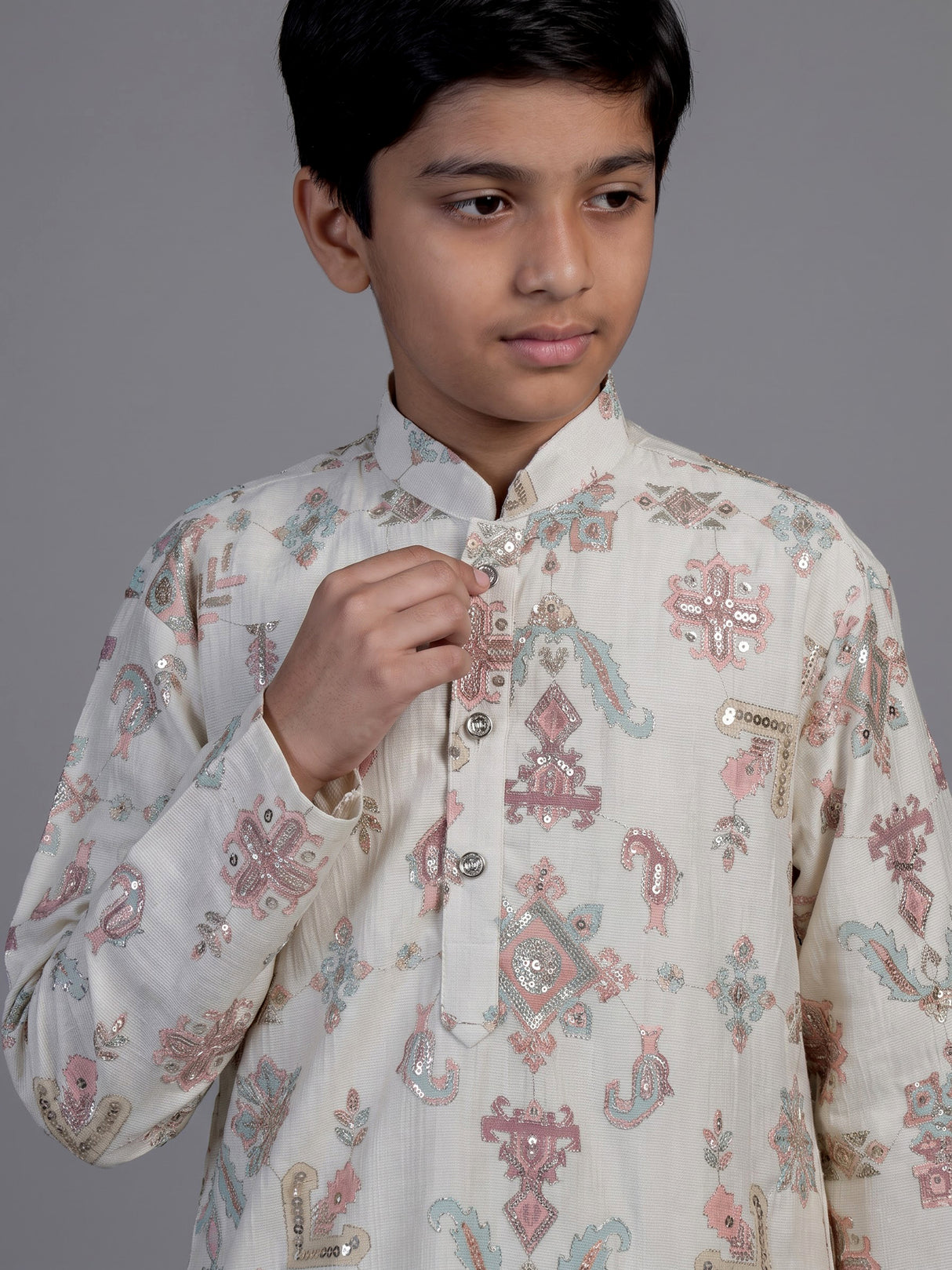 Cream mughal print boys kurta suit
