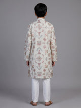 Cream mughal print boys kurta suit