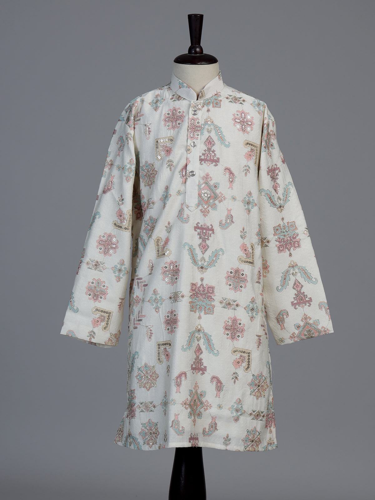 Cream mughal print boys kurta suit