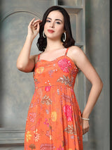 Orange floral printed women maxi dress