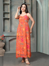 Orange floral printed women maxi dress