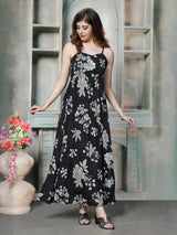 Charcoal black floral sketch women maxi dress