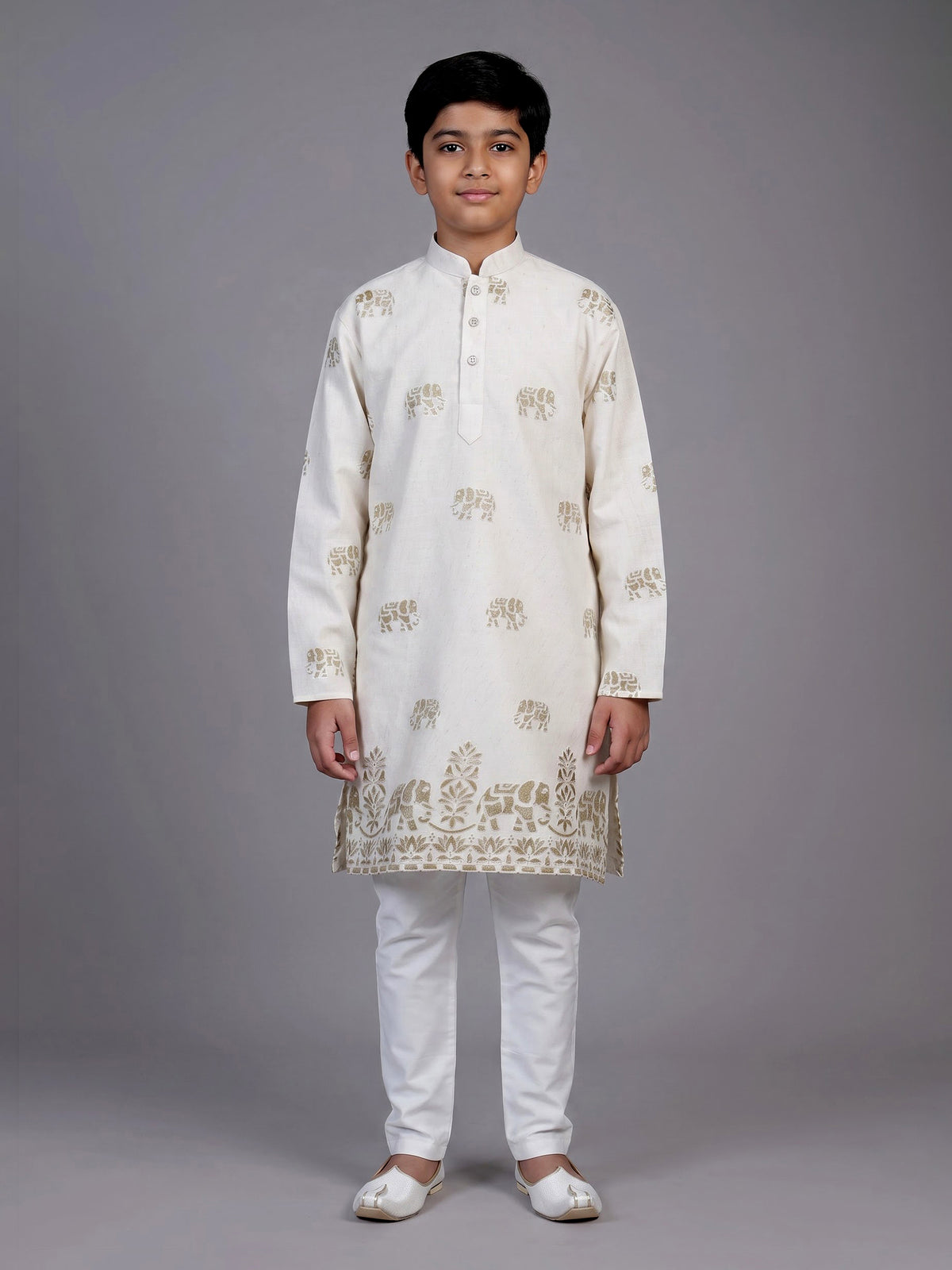 White royal elephant embroidered boys kurta suit