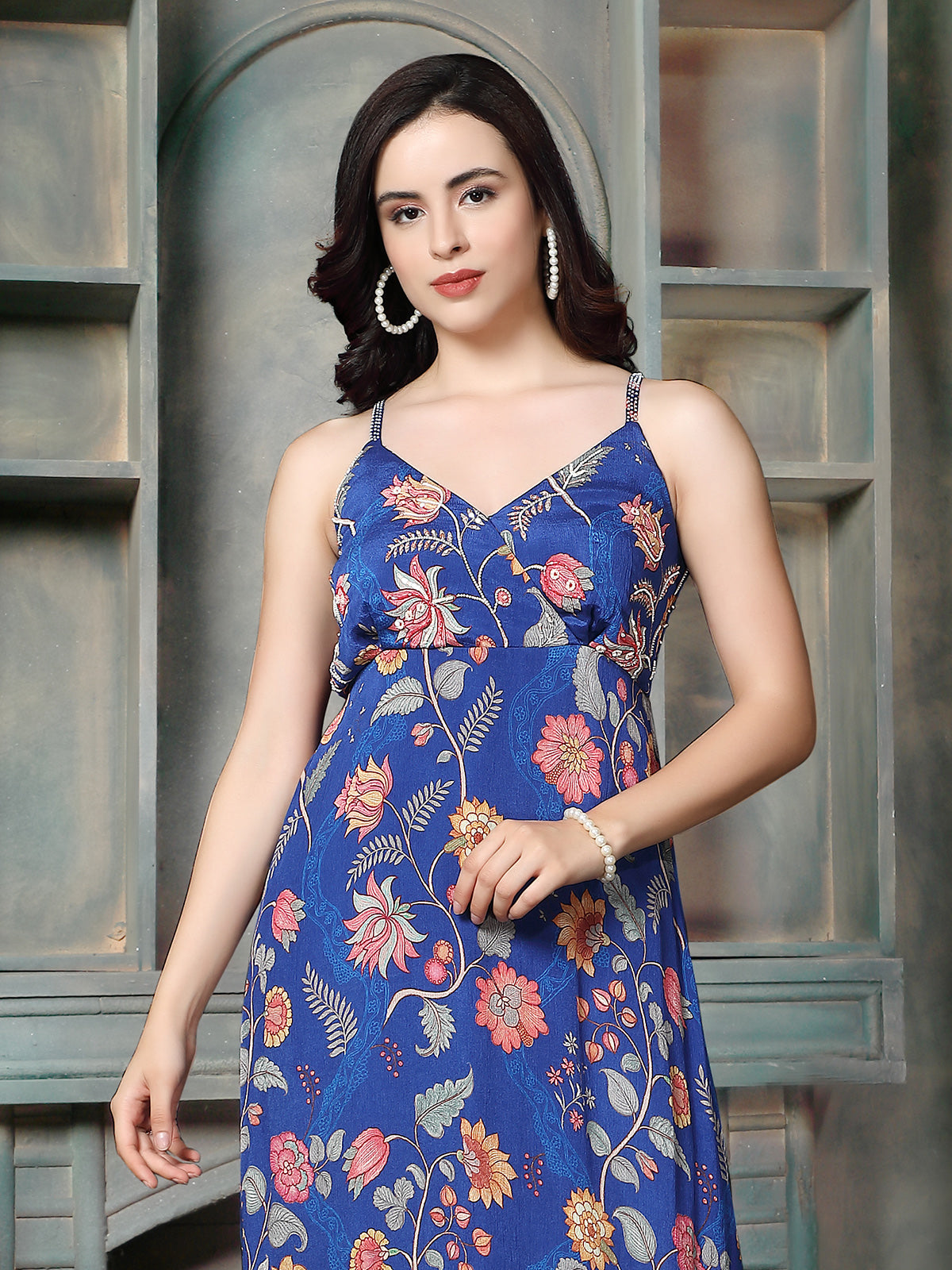 Royal blue vintage garden women maxi dress