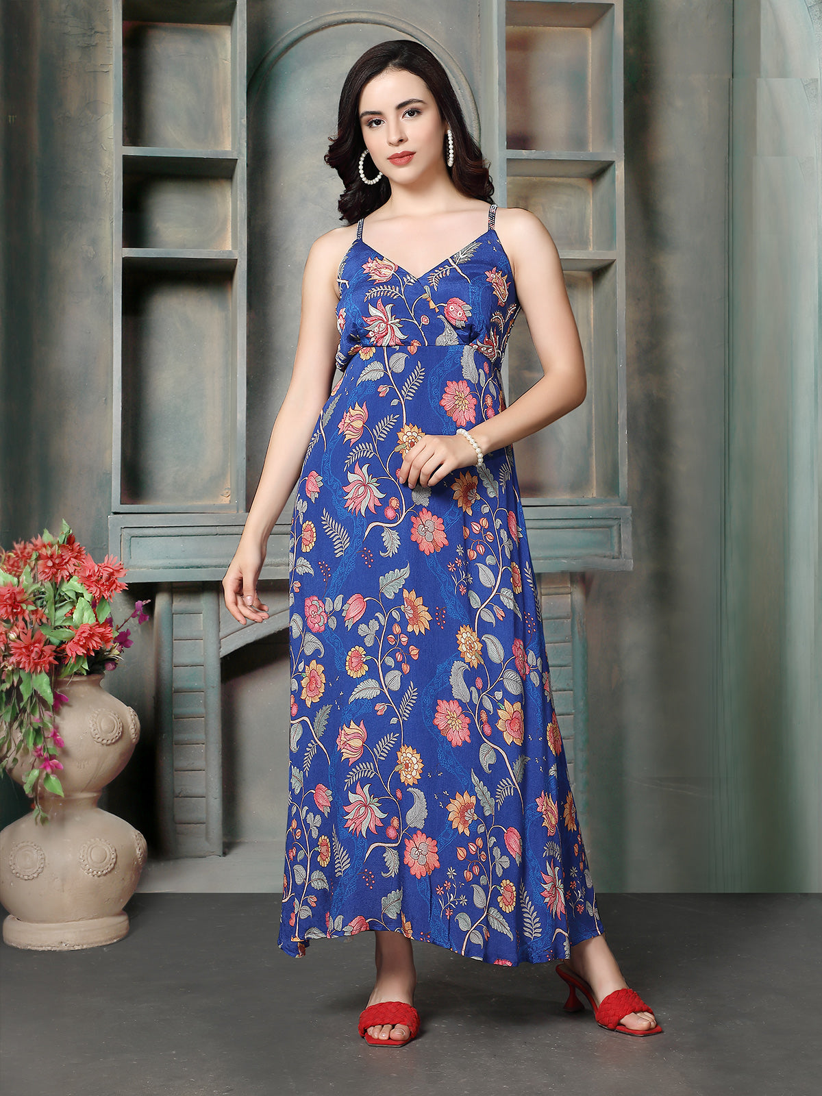 Royal blue vintage garden women maxi dress