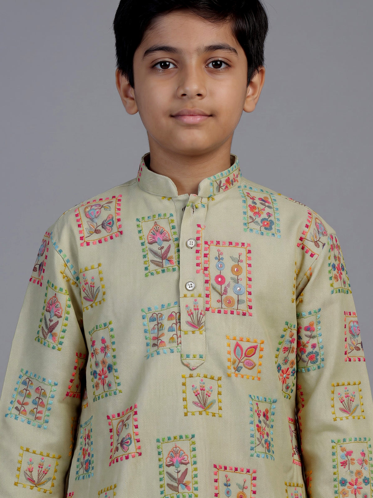 Light mehendi botanical tile boys kurta suit