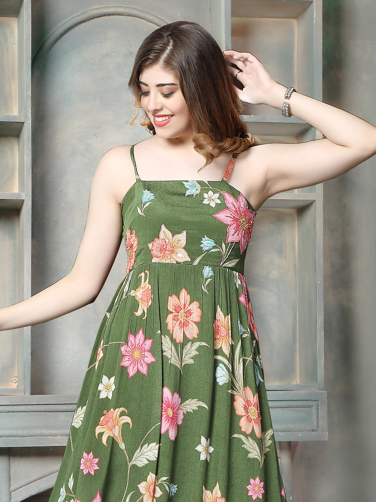 Moss olive floral printed women maxi dress