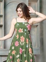 Moss olive floral printed women maxi dress