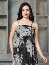 Smoke grey dahlia printed women maxi dress