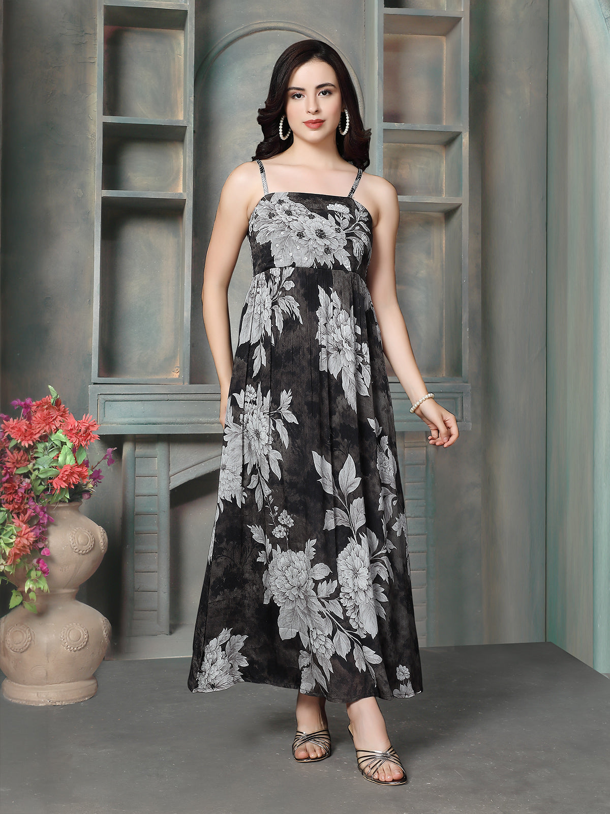 Smoke grey dahlia printed women maxi dress