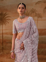 Lavender net womens embellished saree with unstitched blouse