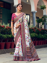 Cream crepe silk women floral garden saree