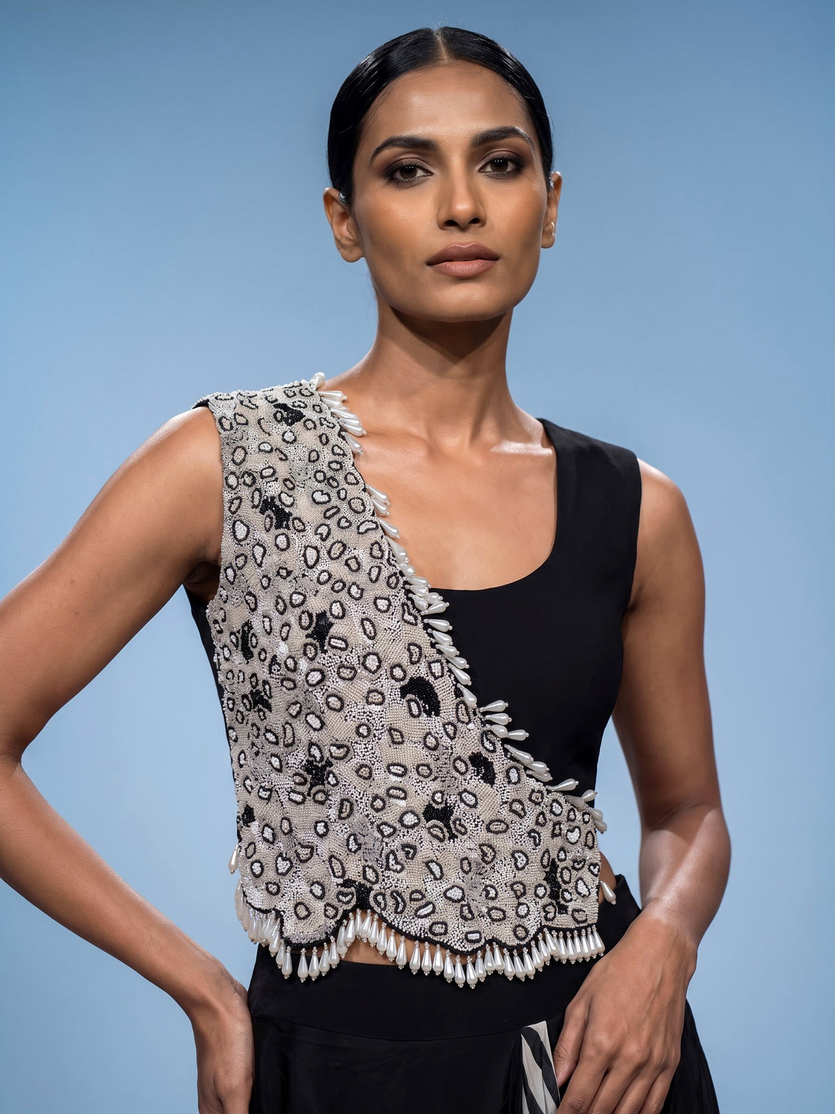Black pearl fringe ready to wear saree for women