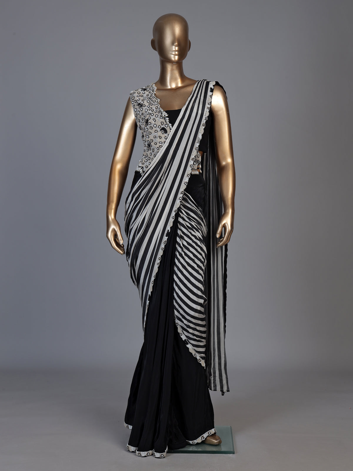 Black pearl fringe ready to wear saree for women