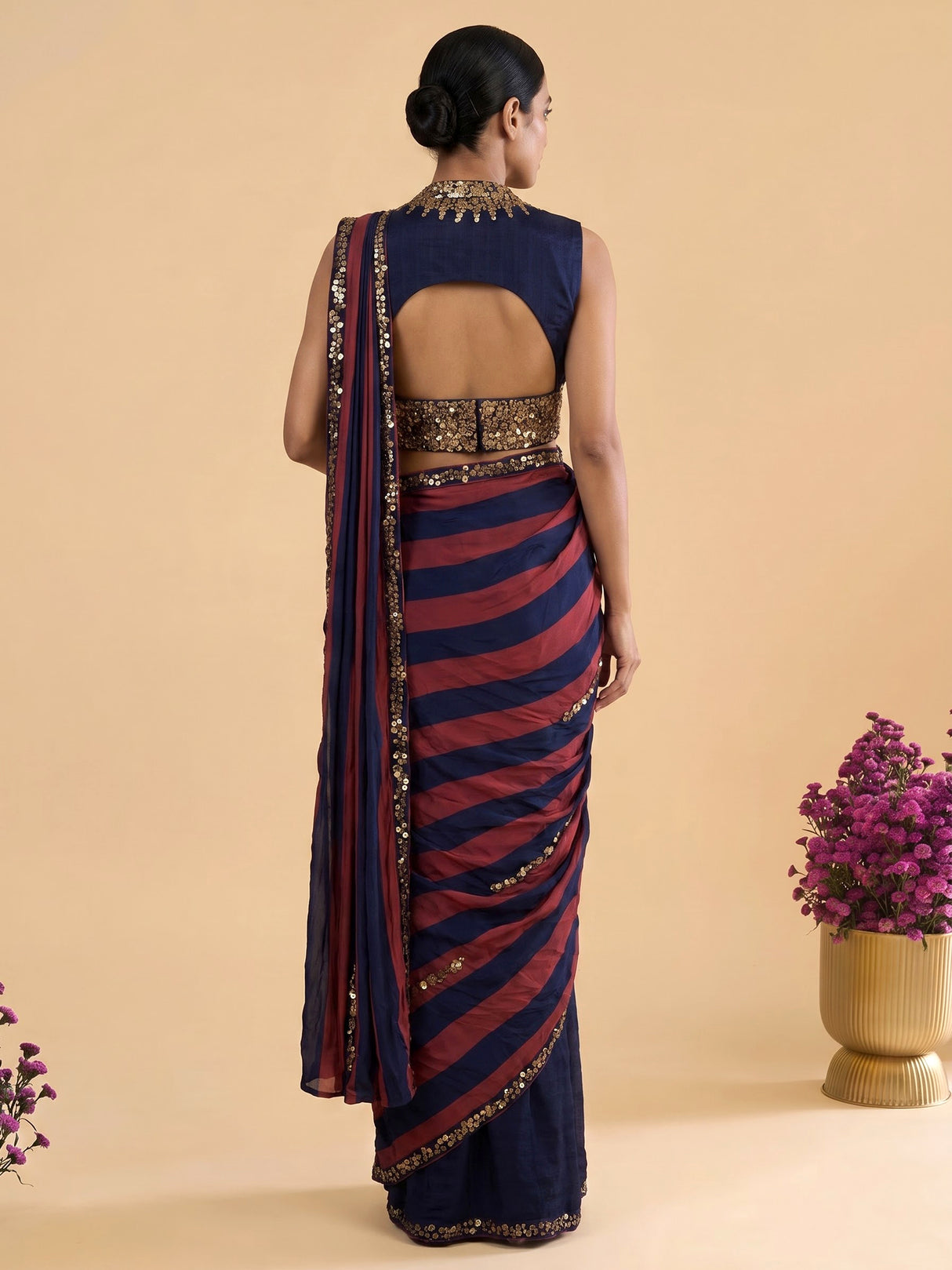Rust blue striped ready to wear saree for women