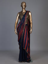 Rust blue striped ready to wear saree for women