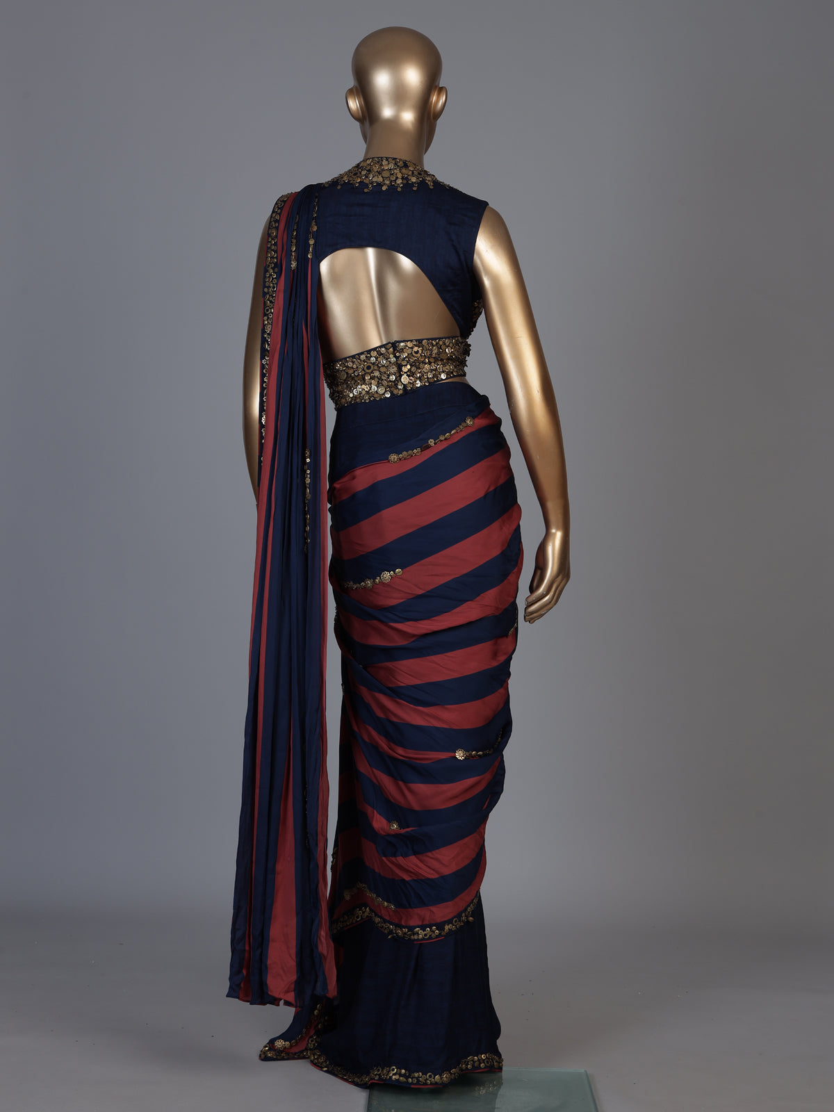Rust blue striped ready to wear saree for women