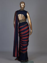 Rust blue striped ready to wear saree for women