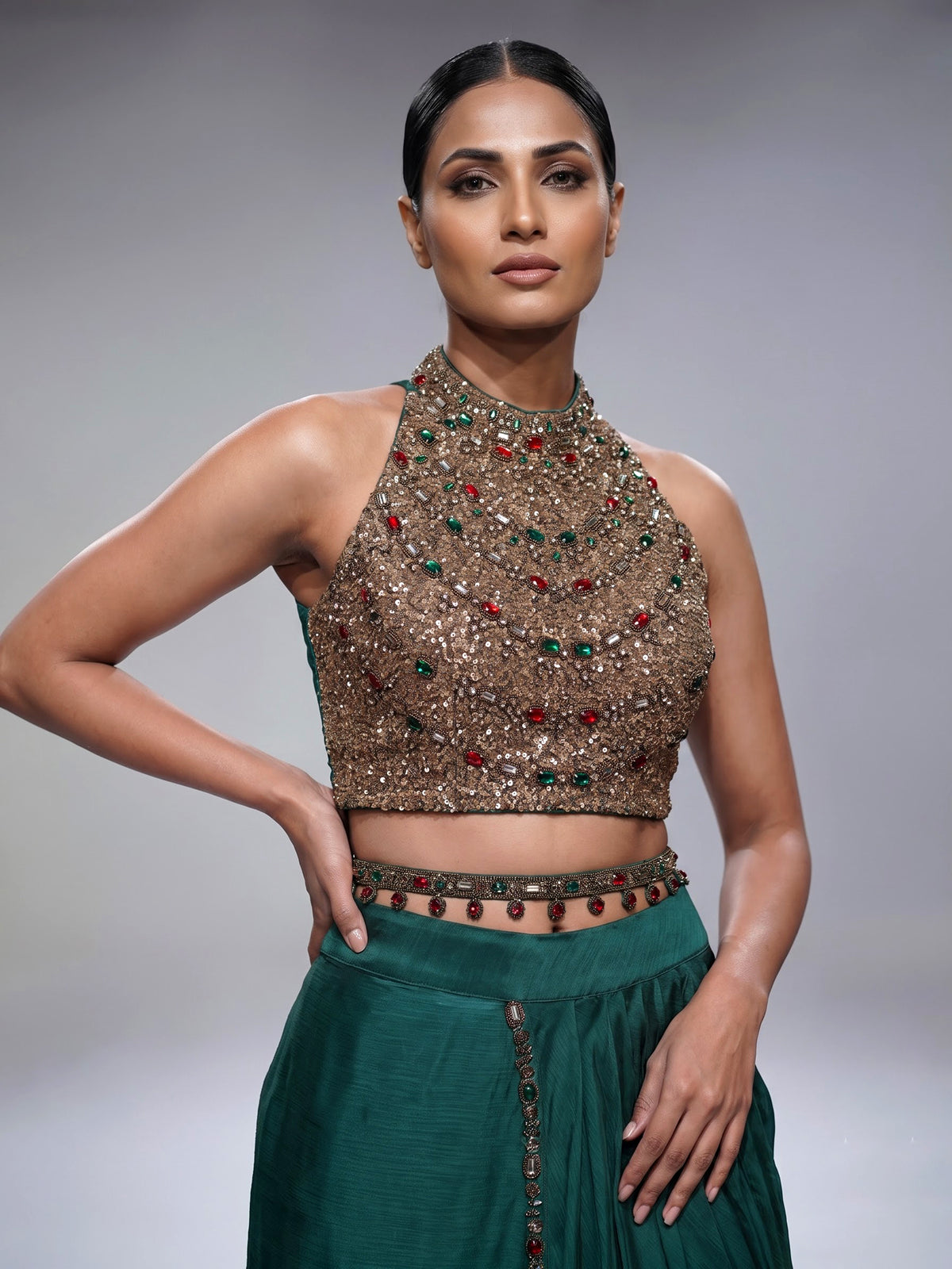 Bottle green embellished belt ready to wear saree for women