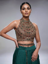 Bottle green embellished belt ready to wear saree for women