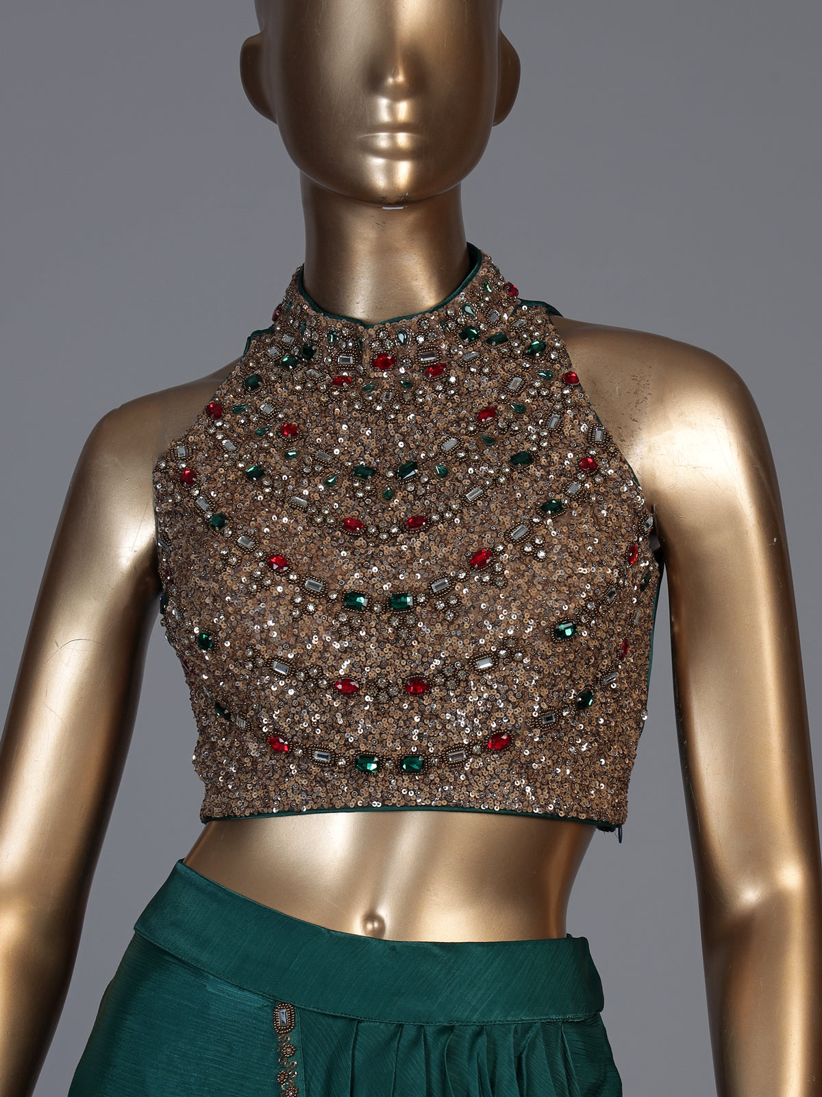 Bottle green embellished belt ready to wear saree for women