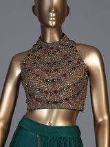 Bottle green embellished belt ready to wear saree for women