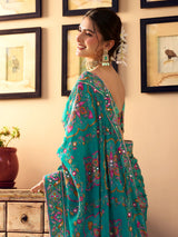 Peacock teal blue crepe silk women jamawar saree