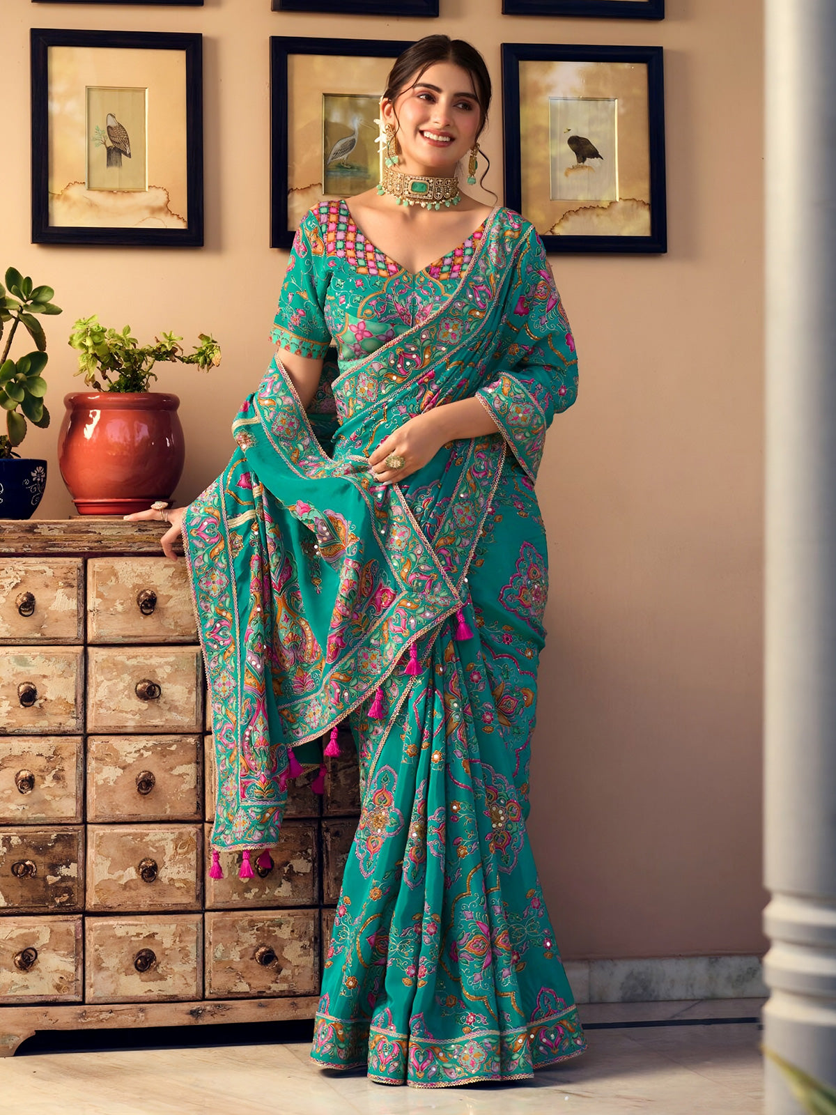 Peacock teal blue crepe silk women jamawar saree