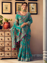 Peacock teal blue crepe silk women jamawar saree