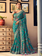 Peacock teal blue crepe silk women jamawar saree