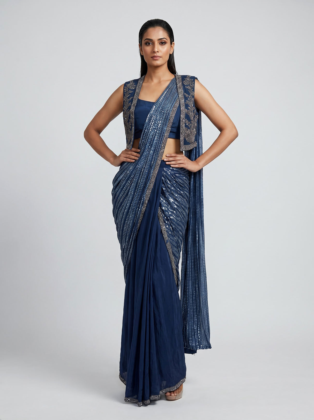 Navy blue jacket drape ready to wear saree for women