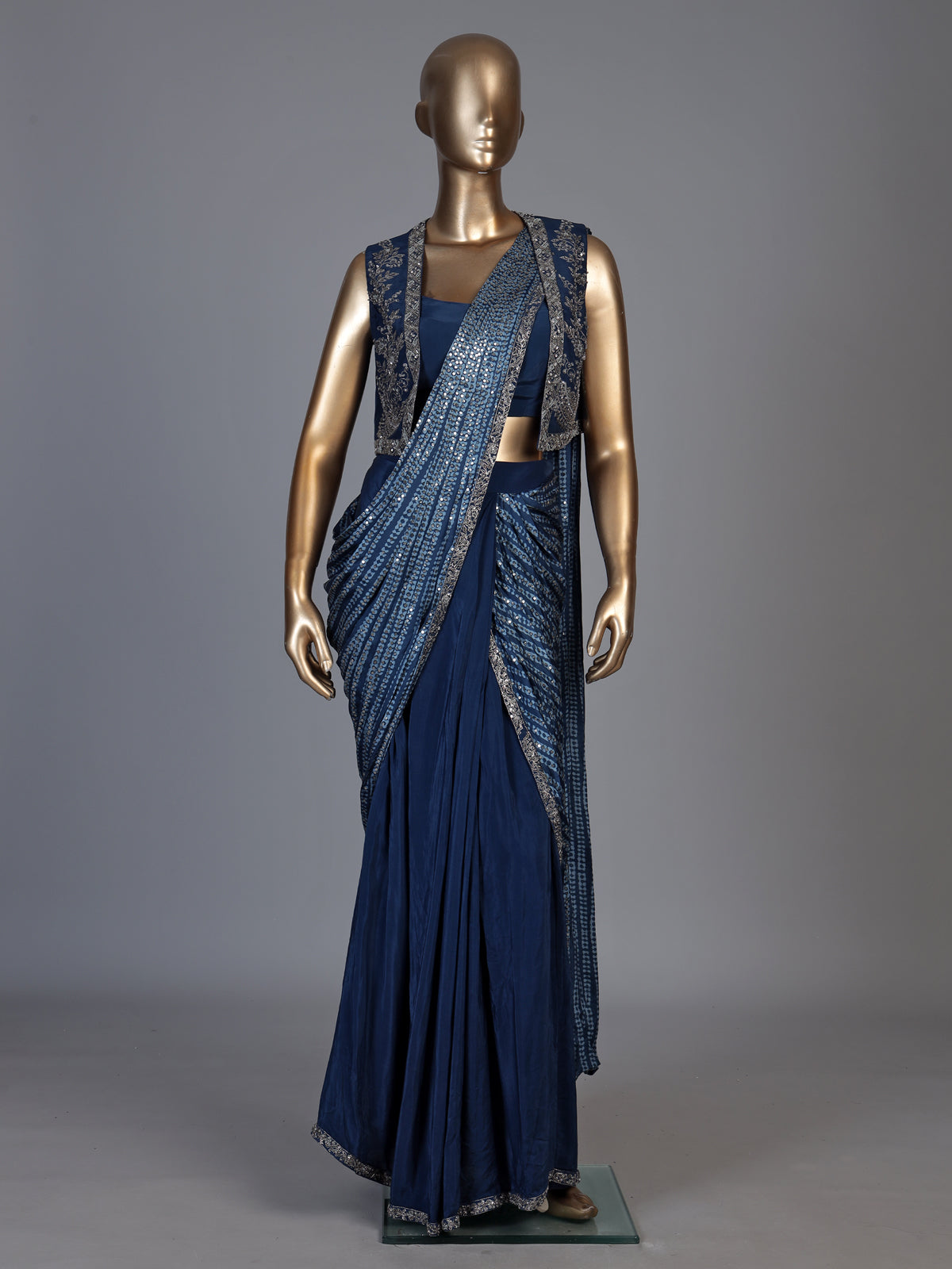 Navy blue jacket drape ready to wear saree for women