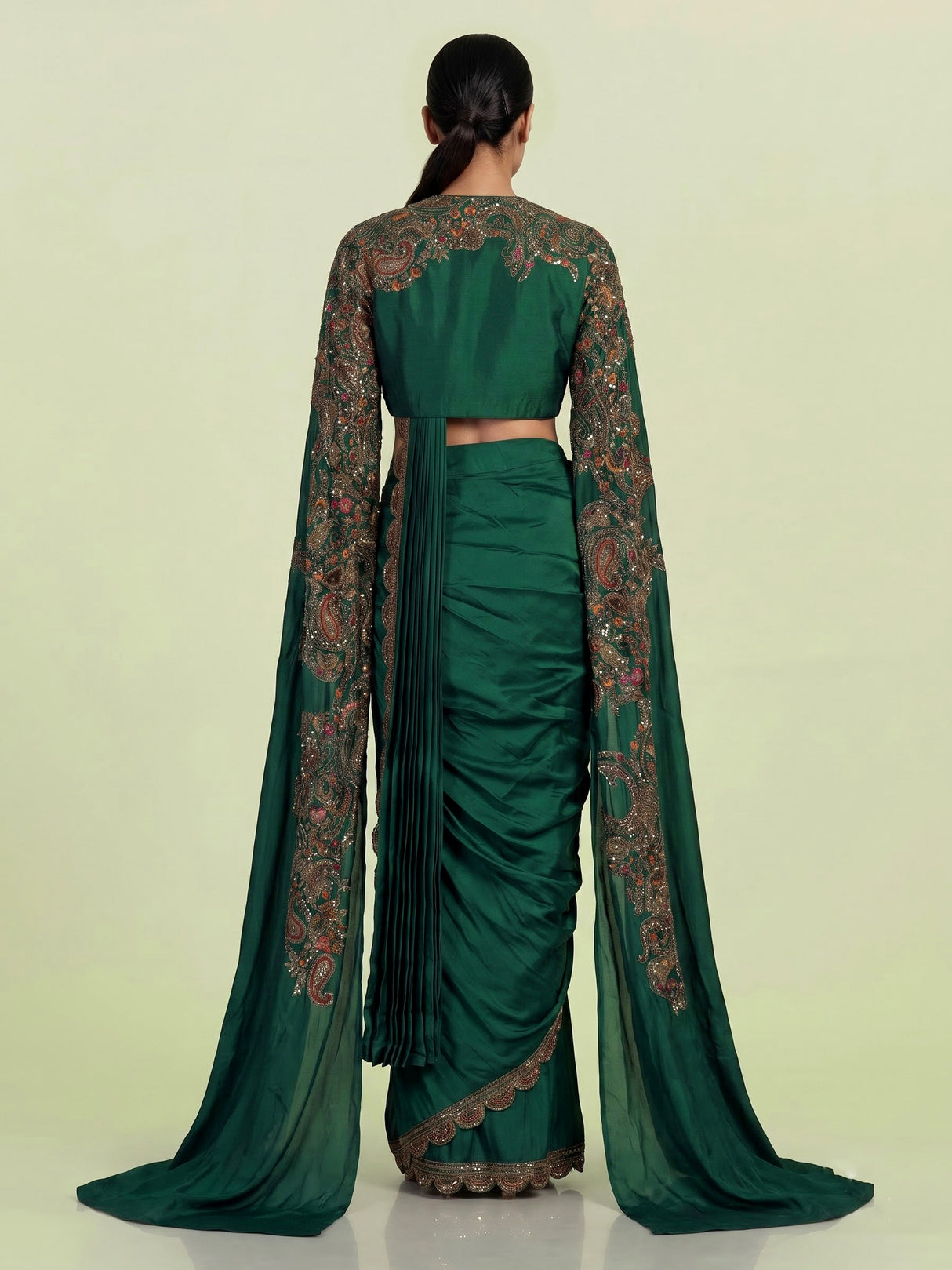 Bottle green cape style ready to wear saree for women