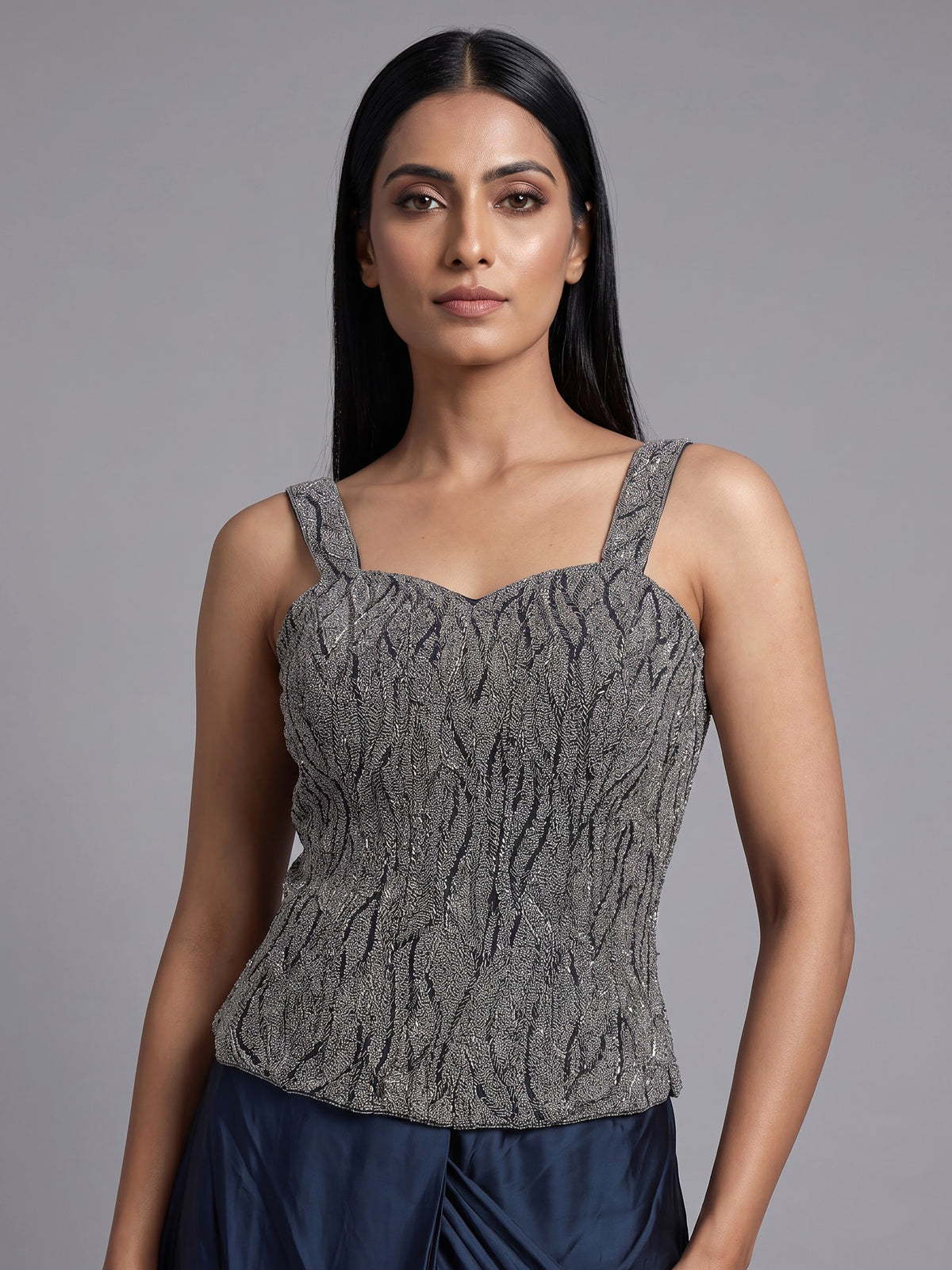 Navy blue crystal drape ready to wear saree for women