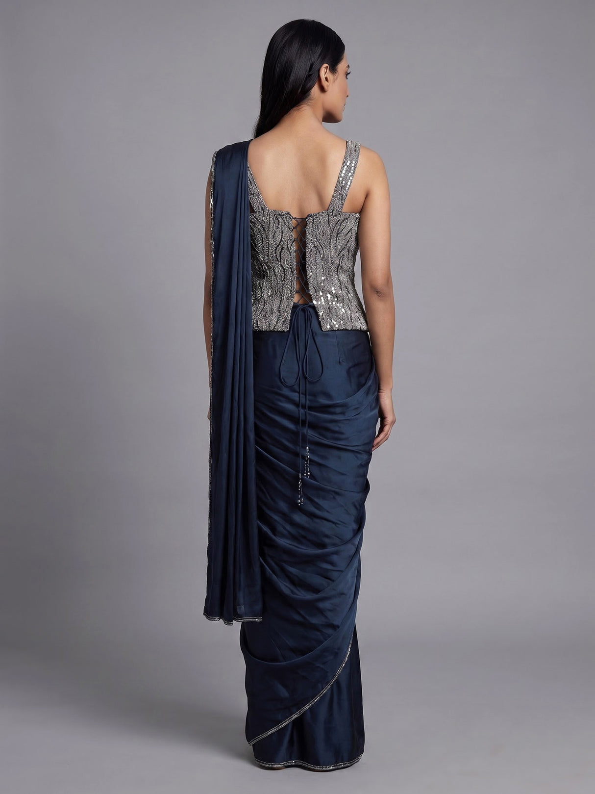 Navy blue crystal drape ready to wear saree for women