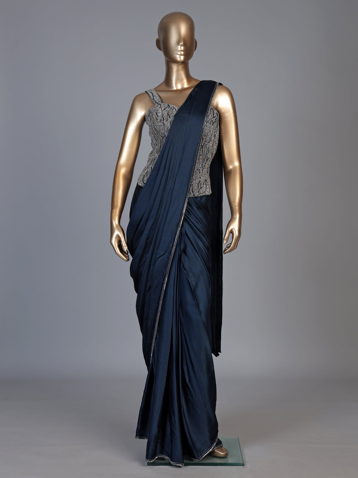 Navy blue crystal drape ready to wear saree for women