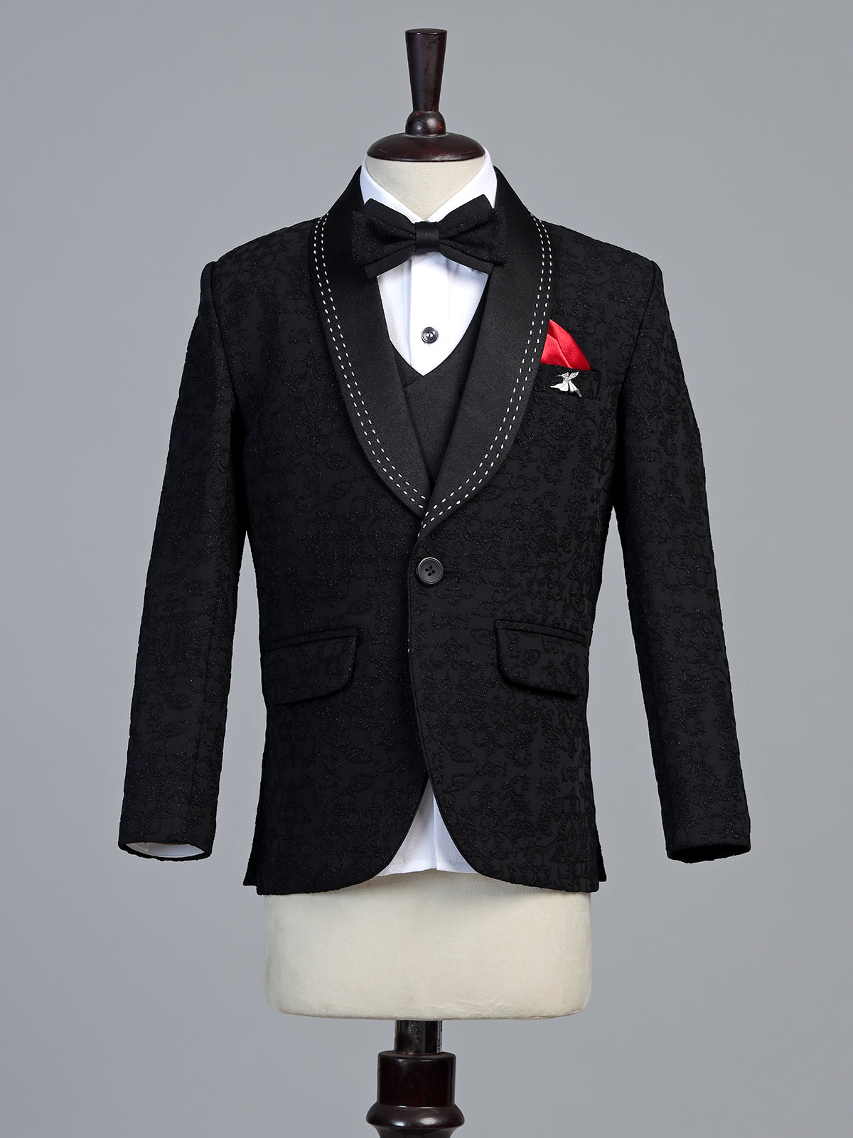 Black floral brocade shawl collar coat suit
