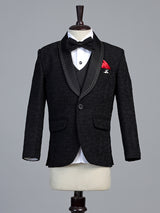 Black floral brocade shawl collar coat suit