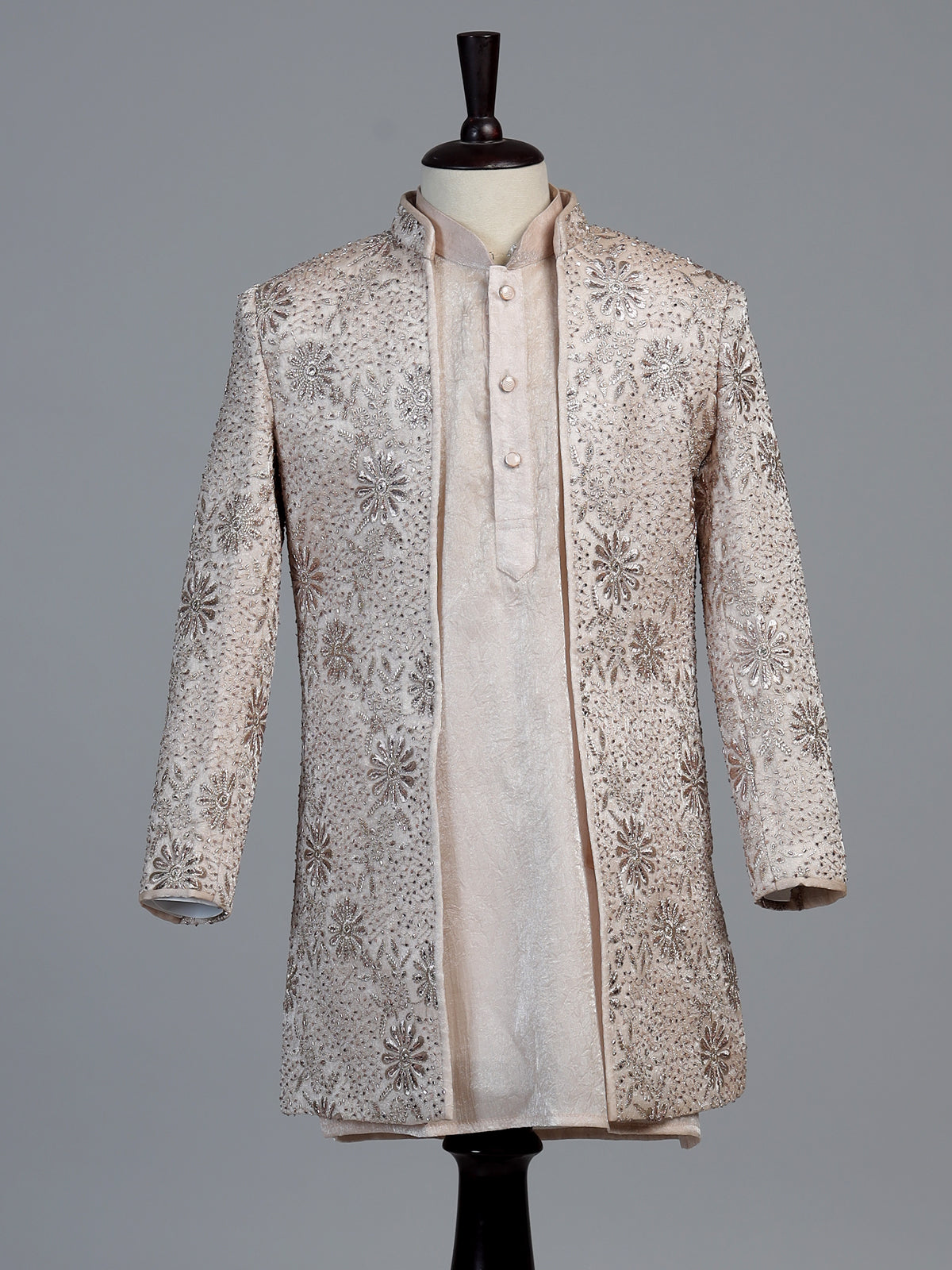 Cream embroidered dupioni silk indo western