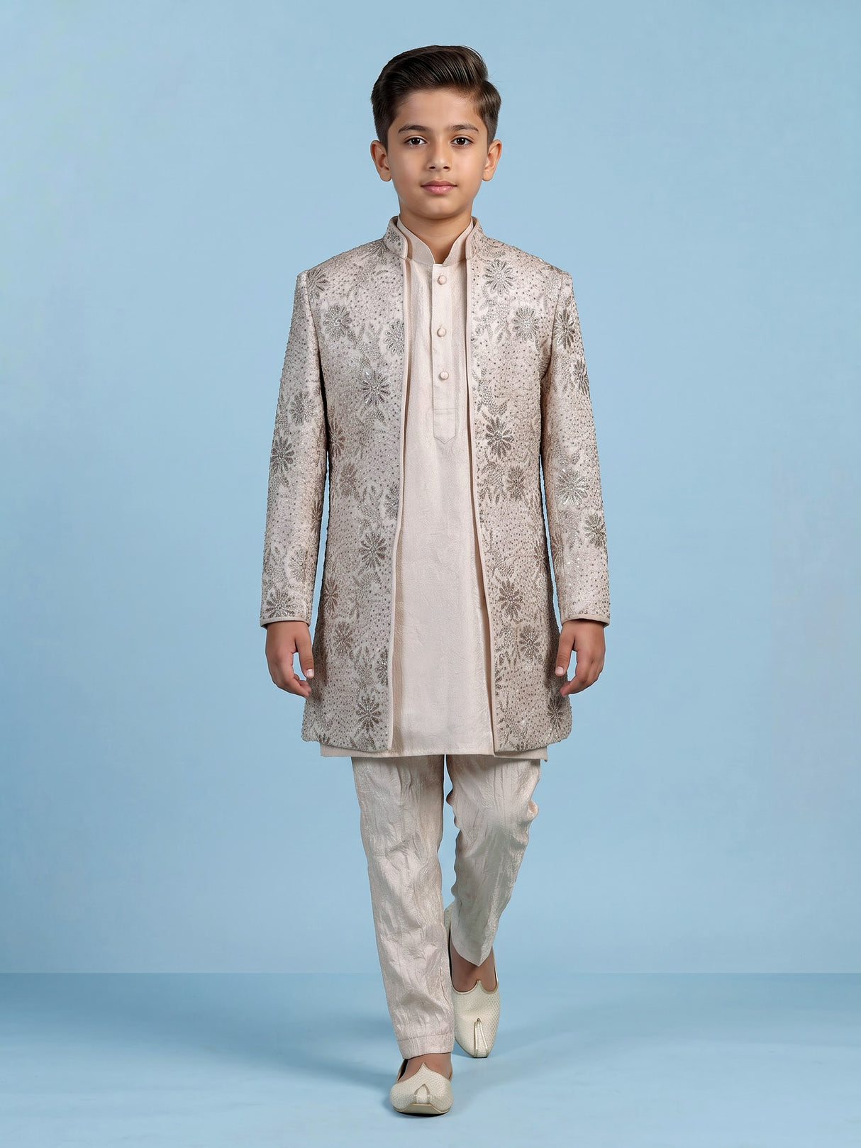 Cream embroidered dupioni silk indo western