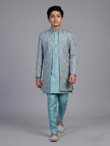 Blue embroidered dupioni silk indo western