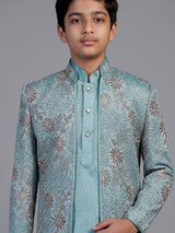 Blue embroidered dupioni silk indo western