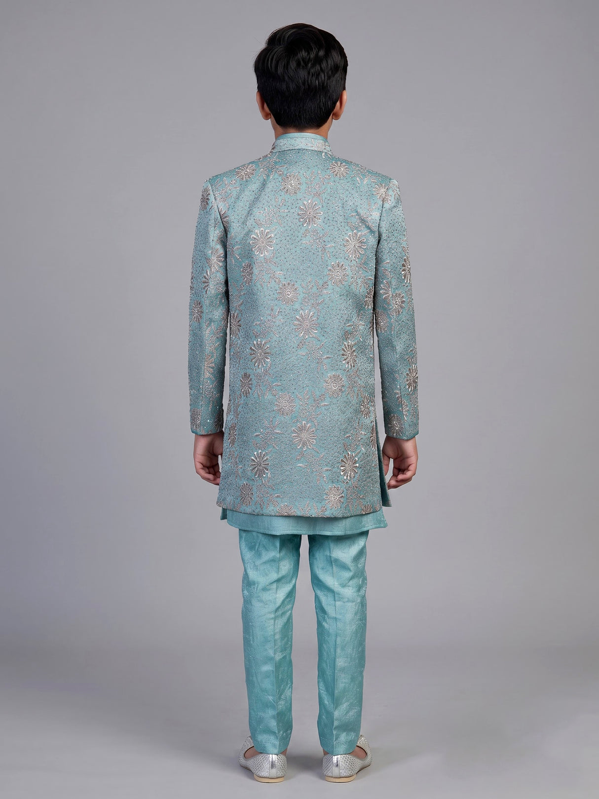 Blue embroidered dupioni silk indo western